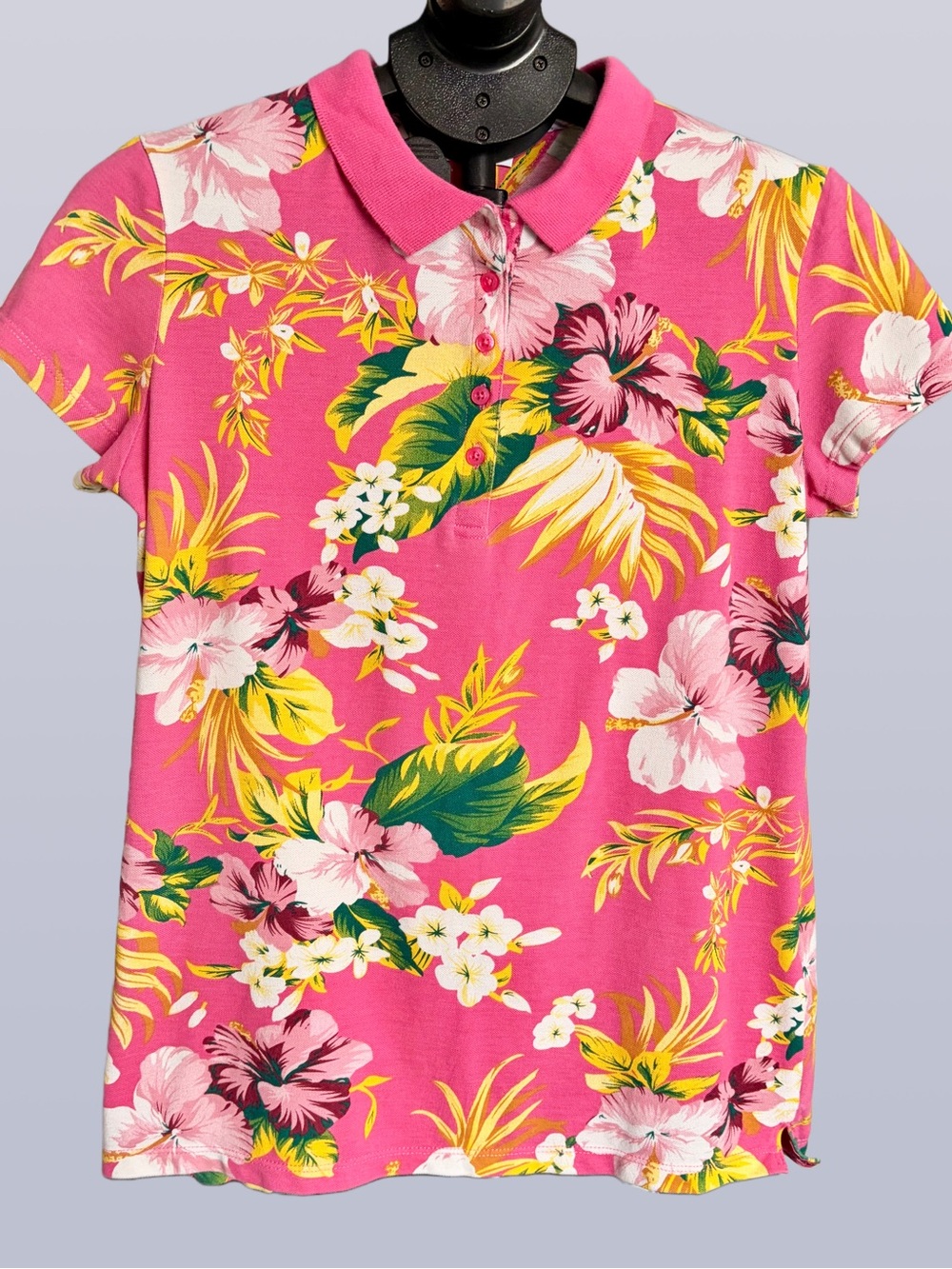 oodji Ultra Floral Cotton Polo Shirt | Pink Tropical Print | Size L/XL